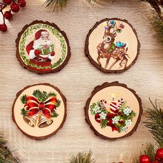 A collection of Hand Painted Christmas Designs on Wood Slices that measure 4 inch wide and can be used for Coasters or table top décor. The price includes all 4 coasters at 48 but you also have the option to buy them separately  Each piece is varnished with a glossy finish and protected against UV rays , moisture and dust. Back is unpainted natural wood finish shine. Care- They are water resistant but not water proof do not submerge in water and wipe with a dry microfiber cloth Original in picture has been sold but a very similiar will be created at the time of order Shipping time is 1-3 business days. Will take extreme care with shipping to arrive to you safely. Thank You for viewing and shopping at Www.etsy.com/PopOutImaginativeArt Christmas Wood Coasters, Christmas Coasters Painted, Christmas Transfers, Designs On Wood, Wood Transfer, Hand Painted Christmas, Christmas Coasters, Natural Wood Finish, Christmas Wood