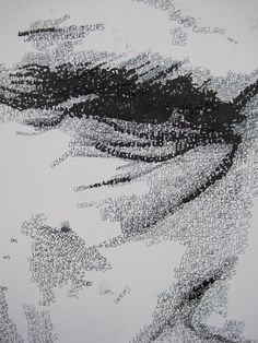 a black and white drawing of a man's face with words all over it