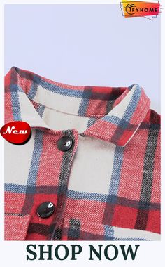 Red Shirt Collar Button Closure Plaid Coat Plaid Tops With Casual Collar And Button Closure, Collared Buttoned Shirt For Winter, Collared Shirt With Buttons For Winter, Collared Winter Shirt With Buttons, Winter Collared Shirt With Buttons, Red Shirt With Button Closure And Casual Collar, Plaid Top With Spread Collar And Button Closure, Plaid Top With Button Closure And Spread Collar, Red Shirt With Casual Collar For Fall