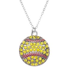 a baseball pendant with yellow and red crystals on it's side, hanging from a silver chain