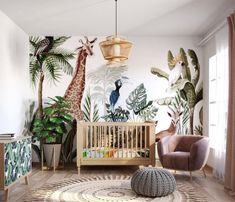 a baby's room decorated with tropical plants and giraffes