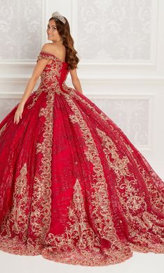 Off the shoulder quinceanera dress with a sweetheart neckline, lace embroidery, and beaded accents. Red And Gold Prom Dress, Gold Quinceanera Dress, Rose Gold Quinceanera Dresses, Turquoise Quinceanera Dresses, Red Ball Gowns, Quinceanera Dresses Gold, Mexican Quinceanera Dresses, Quinceañera Dresses, Red Quince