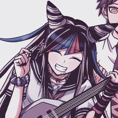 two anime characters one with long hair and the other with horns on her head holding a guitar