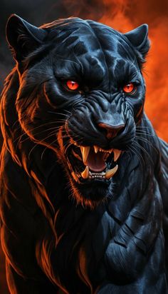 a close up of a black panther with red eyes and fangs on it's face