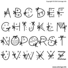 the alphabet is drawn with black ink and decorated with bows, stars and snowflakes