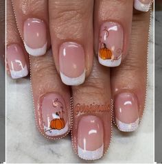 Fall Gel Nails Pumpkin, Thanksgiving French Tip Nail Ideas, Girly Fall Nails Acrylic, Fall Nails For Teachers, French Manicure With Pumpkin, Thanksgiving Nails Fall French Tip, French Nail Fall Designs, French Tip Nails With Fall Design, Fall French Tip Gel Nails