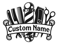 a black and white logo for a hair salon with scissors, combs and other items