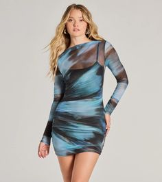 An abstract print mesh mini dress features sheer fitted long sleeves, a boat neckline, and a flattering bodycon silhouette. Perfect for a party or gallery opening.Fit & FeaturesAbstract print, sheer mesh fabric, slip knit liningFitted long sleevesBoat necklineBodycon mini-length silhouetteRuns true to size Blue Mesh Dress For Night Out, Summer Long Sleeve Bodycon Dress With Mesh Sleeves, Sheer Sleeve Mesh Bodycon Mini Dress, Mini Mesh Bodycon Dress With Sheer Sleeves, Mini Bodycon Dress With Sheer Mesh Sleeves, Fitted Long Sleeve Mesh Mini Dress, Sheer Bodycon Mesh Dress In Mini Length, Sheer Bodycon Mesh Dress Mini Length, Sheer Bodycon Mesh Mini Dress