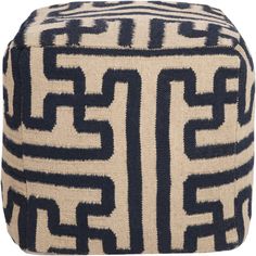 a black and white poufce with an intricate design on the front, sitting on a white background