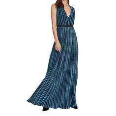 This floor-length gown is crafted from accordion pleats, finished with a plunging neckline and a grosgrain ribbon trim at the waist.Pullover66% polyester, 34% metallicHand washTrue to sizeLightweight non-stretch fabric Pleated V-neck Maxi Dress For Gala, Scalloped Lace Dress, Pleated Gown, Drape Gowns, Floor Length Gown, Luxury Women Fashion, Lace Bodice, Formal Evening Dresses, Halter Formal Dress