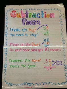 the subtraction poem is written on top of a piece of paper with numbers