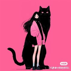 a woman standing next to a black cat on top of a pink background with the caption that reads, i love cats