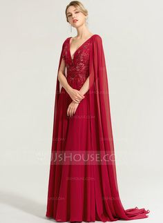 A-Line V-neck Floor-Length Chiffon Evening Dress With Sequins (017167718) - JJ's House Vestidos Medieval, Elven Dress, Dreamy Gowns, Mother Of The Bride Dresses Long, Girls Long Dresses, Dress With Sequins, Long Gown Dress, Chiffon Wedding Dress, Mother Wedding Dress