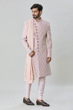 Pink sherwani with all over floral butti embroidery. Paired with churidar and embroidered stole. - Aza Fashions Butti Embroidery, Pink Sherwani, Embroidered Sherwani, Pink Men, Embroidery Floral, Flowering Vines, Silk Embroidery, Pink Art, Churidar