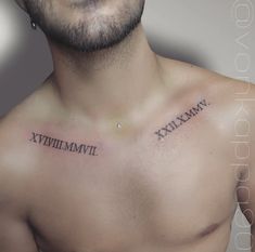 a shirtless man with roman numerals on his chest and the word maximus written in greek