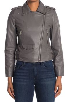 A zip front moto jacket made from lambskin leather delivers classic style. 19" length (size S) Notch collar Long sleeves with zip cuffs Front zip closure Front welt zip pockets; front flap pocket Shell: 100% leather; Body Lining: 100% cotton; Sleeve Lining: 100% polyester Professional clean Imported Model stats: 5'10", Bust: 32", Waist: 25", Hip: 36". Model is wearing size S. Cropped Moto Jacket, Dark Taupe, Notch Collar, Moto Jacket, Lambskin Leather, Flap Pocket, Welt Pocket, Nordstrom Rack, Zip Pockets