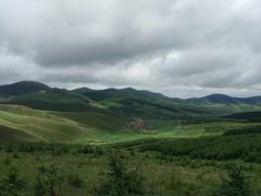 a green valley with mountains in the distance and trees on both sides, under a cloudy sky