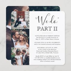 the wedding party announcement card is shown with three photos on it and text that reads, we