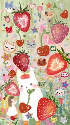 a painting with strawberries and cats on it