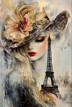 a painting of a woman with a hat and flowers in front of the eiffel tower