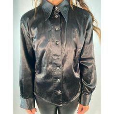 An Exceptionally Gorgeous Black Fendi Satin Button Up Made Of Luxurious Material. Will Instantly Add Class To Any Outfit. Size: S/M 54% Ac 43% Cotton 3% Lycra Made In Italy In "Excellent" Condition. Missing Middle Button; Does Not Affect The Overall Structure/Look/Aesthetic Of The Top Itself. Satin Button Up, Vintage Fendi, Button Up Long Sleeve, Black Vintage, Overalls, Fendi, Button Up, In Italy, Womens Tops