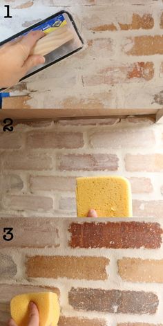 someone using sponges to paint a brick wall with different colors and sizes on it