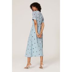 Blue printed crepe (98% Polyester, 2% Elastane). Hourglass. Short sleeves. V-neckline. Hidden center back zipper with hook-and-eye closure. Fully lined. 48.5" from shoulder to hemline. Imported. Formal Printed V-neck Dress, Printed V-neck Midi Dress For Daywear, V-neck Printed Midi Dress For Daywear, Printed V-neck Midi Dress For Evening, Summer Evening Midi Dress With Notched Neckline, Summer Evening V-neck Dress With Notched Neckline, Summer Evening Dress With Notched Neckline, Blue Viscose V-neck Midi Dress, Blue V-neck Viscose Midi Dress