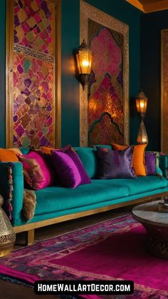 a living room filled with lots of colorful furniture