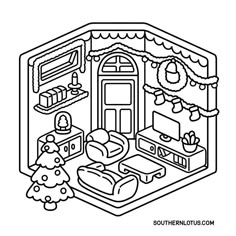 a black and white outline drawing of a christmas house with presents on the shelf, toys in the background