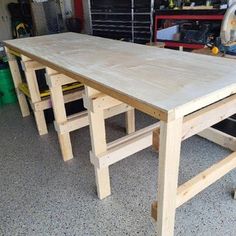 a wooden table being built in a garage