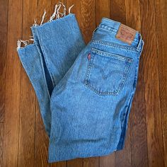 Nwot Levi’s Wedgie Jeans Size 29/8 Buttons Instead Of Zipper Frayed Bottoms, Rip Details Darker Blue Line Details Down Both Sides Never Worn Levi's Blue Jeans With Frayed Hem, Levis Wedgie Jeans, Wedgie Jeans, Western Clothes, Back To School Fits, Country Style Outfits, Western Outfits Women, School Fits, Pinterest Closet