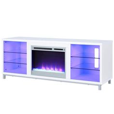 a white entertainment center with an electric fire place and blue flames on the front side