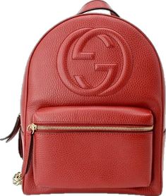 Gucci Leather Backpack For Travel, Gucci Leather Backpack For Daily Use, Designer Gucci Leather Travel Backpack, Designer Leather Backpack With Logo, Designer Gucci Leather Backpack, Designer Red Backpack, Black Gucci Backpack, Luxury Red Backpack With Zipper Closure, Red Gucci Shoulder Bag For Shopping