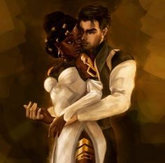 a painting of a man and woman hugging in front of a brown background with gold accents