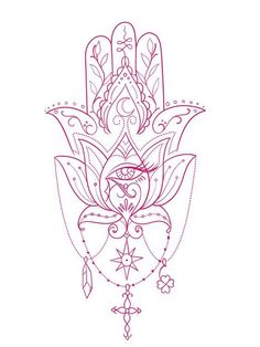 a hamsa hand drawn in red ink with an intricate design on the front and side