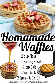 homemade waffles with syrup on the side and two cups of syrup next to them