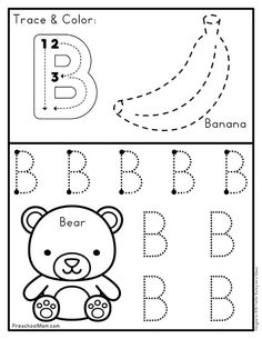 trace and color worksheet for letter b with teddy bear in the middle,