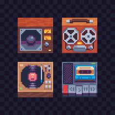 some pixel art with different types of music equipment