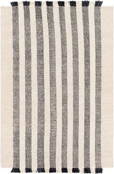 a black and white striped rug with fringes