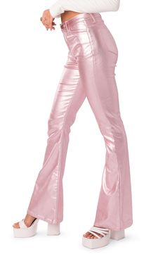 These flare-leg faux-leather pants give you a fierce edge and boost of confidence when you need it most. 45% polyester, 45% rayon, 10% spandex Hand wash, dry flat Imported Pink Leather Pants, Fashion Glossary, 2000s Pants, Aliyah Core, Core Outfits, Random Clothes, Clothes Board, Oc Outfits, Light Aesthetic