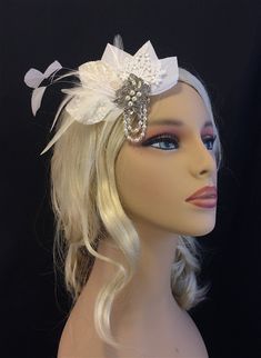 "Vintage Style Bridal Hair Fascinator, Bridal Fascinator with Veil, Wedding Bridal Fascinator with veil~ Visit the shop here https://www.etsy.com/shop/IceGreenEyes The perfect little bridal fascinator, not too big not too small. Timeless elegance with Venise Lace, Swarovski Crystals and Pearls. Truly and heirloom piece to pass down. ~ Ivory Nagoire Goose Feathers ~ ~ Ivory Venise Lace ~ ~ Ivory Vintage Velvet Leaves ~ ~ Swarovski Crystals and Swarovski Pearl Dangles ~ ~ Large Crystal Rhinestone Vintage White Formal Headpieces, White Vintage Headpieces For Formal Occasions, White Vintage Headpiece For Formal Occasions, Vintage White Headpieces For Evening, Vintage Wedding Headband Headpiece, Vintage White Headpieces For Wedding, Vintage White Wedding Headpiece, Vintage White Wedding Fascinator, Fitted Flapper Wedding Headpiece