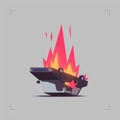 an illustration of a car on fire with flames coming out of the back and behind it