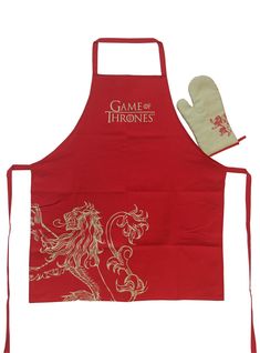 a game of thrones apron and oven mitt are shown with gloves on it