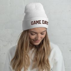 Time to cheer on your favorite team and your favorite players in our embroidered Game Day beanie. Enjoy the Football season and all your favorite sports teams in our trendy and cozy beanie hats. This beanie features high quality embroidery in brown thread. A snug, form-fitting beanie. It's not only a great head-warming piece but a staple accessory in anyone's wardrobe. * 100% Turbo Acrylic * 12″ (30 cm) in length * Hypoallergenic  * Unisex style * Hand washable Sizing: One size Fits Most  CARE I Aqua Logo, Block Letters, Cuffed Beanie, Kappa Delta, Women's Beanie, Black Thread, Fashion Weeks, Skull Cap Beanie, White Embroidery