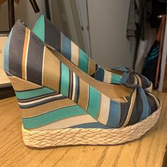 Multi Color Blue Peep Toe Wedges Brand New . Never Worn Casual Blue Closed Toe Heels, Blue Fabric Casual Heels, Casual Blue Fabric Heels, Brown Wedge Heels, Orange Sandals, Black Wedge Shoes, Dressy Shoes, White Wedges, Tan Wedges