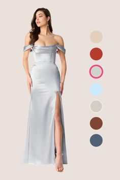 a woman in a long silver dress with high slits on the side and color swatches