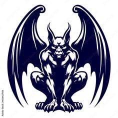 a black and white image of a demon sitting down