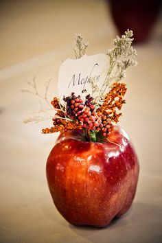 an apple sitting on top of a table with a name tag in it's center