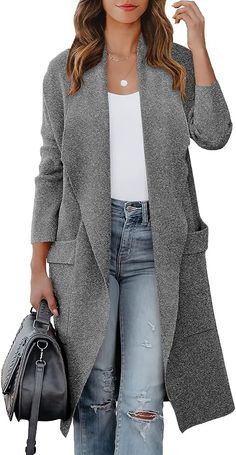 Amazon.com: Prinbara Cardigan for Women 2023 Fall Winter Sweater Jacket Casual Open Front Long Sleeve Collar Lapel Long Trench Draped Knit Loose Soft Cozy Coatigan Overcoat Going Out Clothes 5PA80-shenhuahui-S : Clothing, Shoes & Jewelry Gray Long Sleeve Cardigan With Pockets, Womens Long Cardigan Sweaters, Women Long Cardigan, Cut Clothes, Gilet Long, Long Wool Coat, Gray Cardigan, Pocket Cardigan, Sleeves Clothing