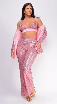 3 piece set  Sequin bodice  95% Poly 5% Span Model's height: 5'6"  Model wears size S Fitted Two-piece Pantsuit For Party, Spring Fitted Two-piece Sets, Stretch High Waist Pantsuit For Party, Stretch Pantsuit For Party, High Waist Stretch Pantsuit For Party, Stretch High-waist Pantsuit For Party, Stretch Trousers Pantsuit For Party, Fitted Two-piece Sleeveless Set, Fitted Sleeveless Two-piece Set